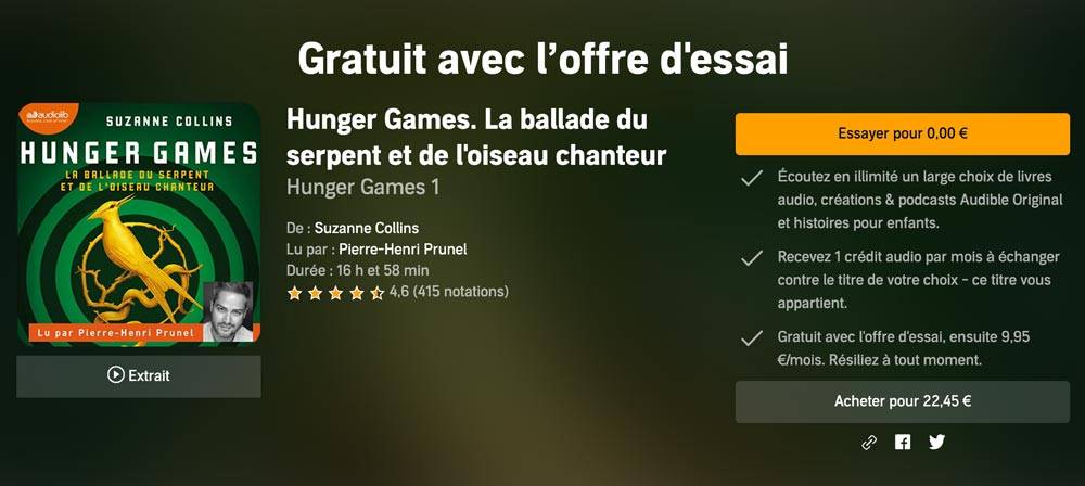 Hunger Games 4 - La ballade du serpent et de l'oiseau chanteur, sur Audiolib